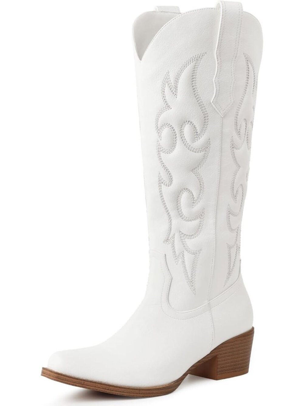 Women's Knee High Cowgirl Boots White Chunky Heel with Snip Toe Side Zipper